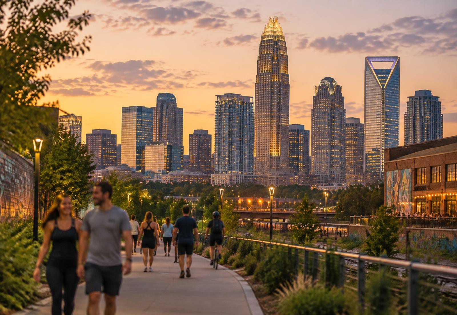 Charlotte, North Carolina skyline at dusk from the Rail Trail
