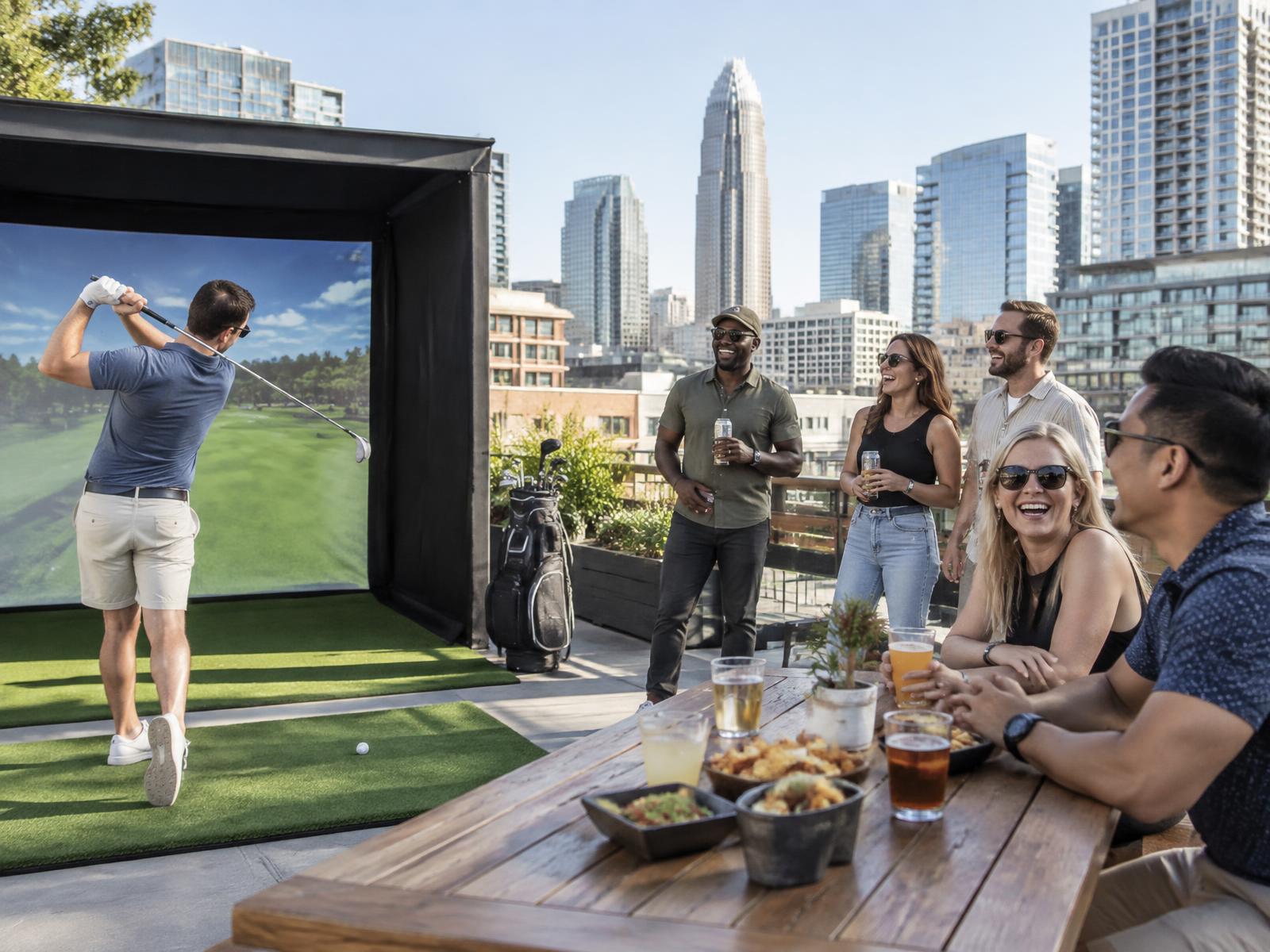Neighbors enjoying a golf simulator at a Charlotte rooftop community event