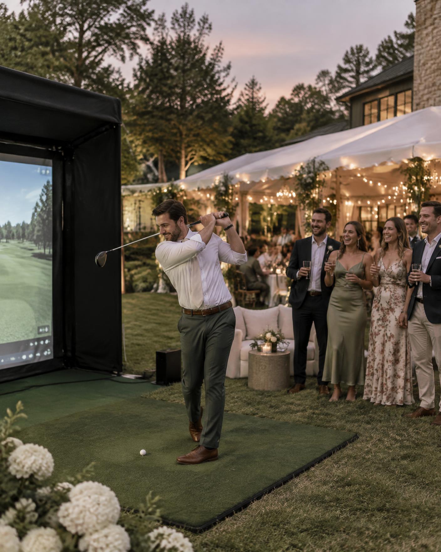 Wedding guests watching the groom swing on a golf simulator beside the reception tent
