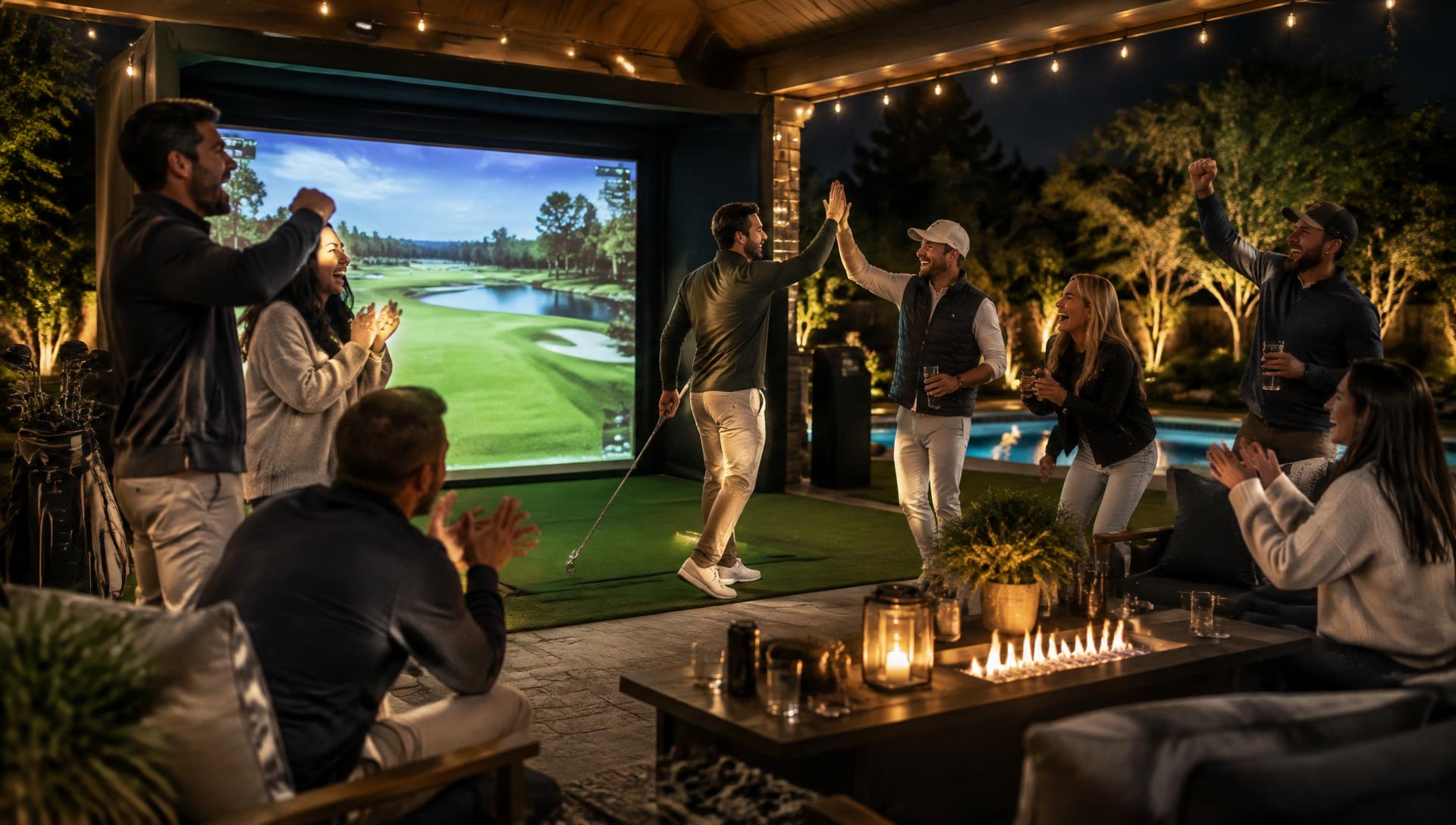Friends high-fiving after a shot on a mobile golf simulator under patio lights