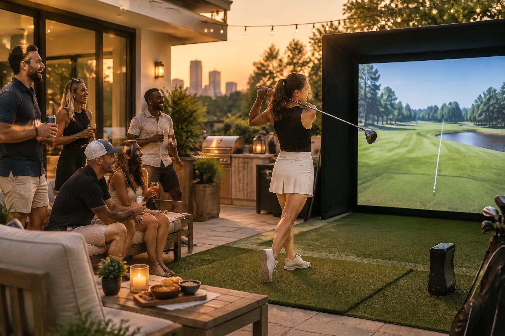 Guests cheering as a friend swings on a Par Pop-Up mobile golf simulator at a Charlotte backyard party